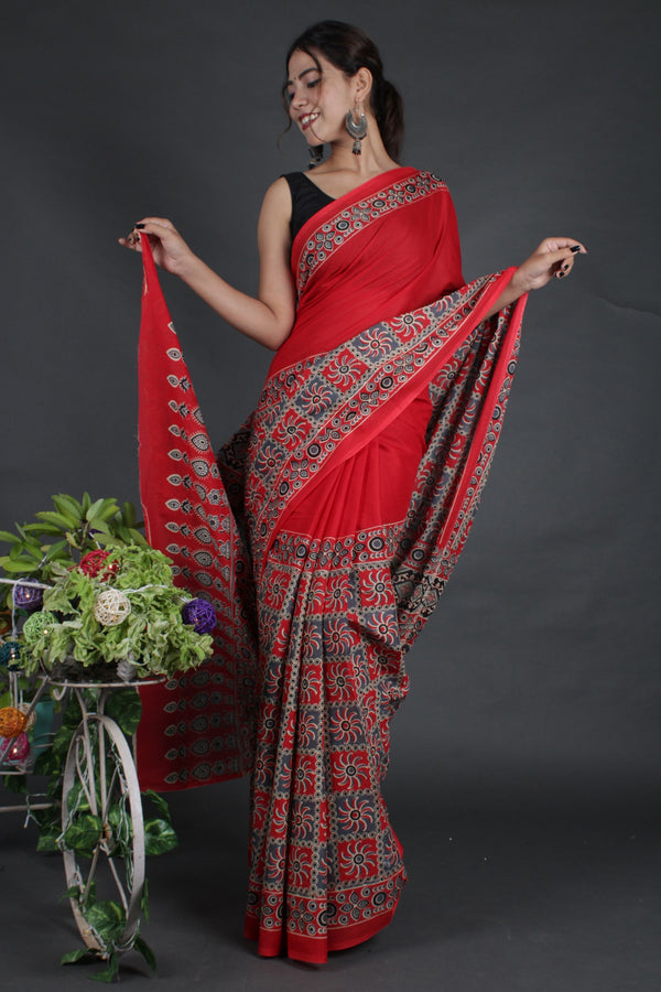 Red Ajrakh Printed Mul Mul Cotton Wrap in 1 minute saree - Isadora Life Online Shopping Store