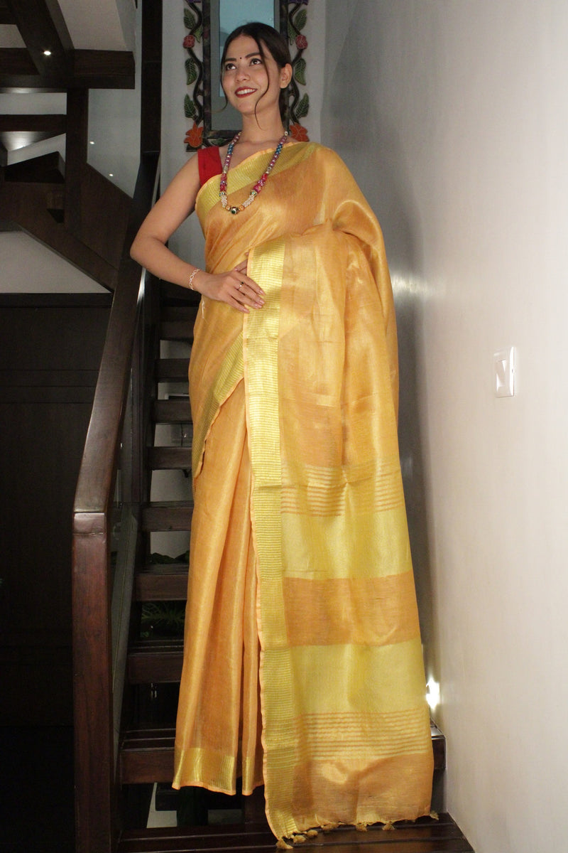 Golden linen slub classy wrap in 1 minute saree - Isadora Life Online Shopping Store