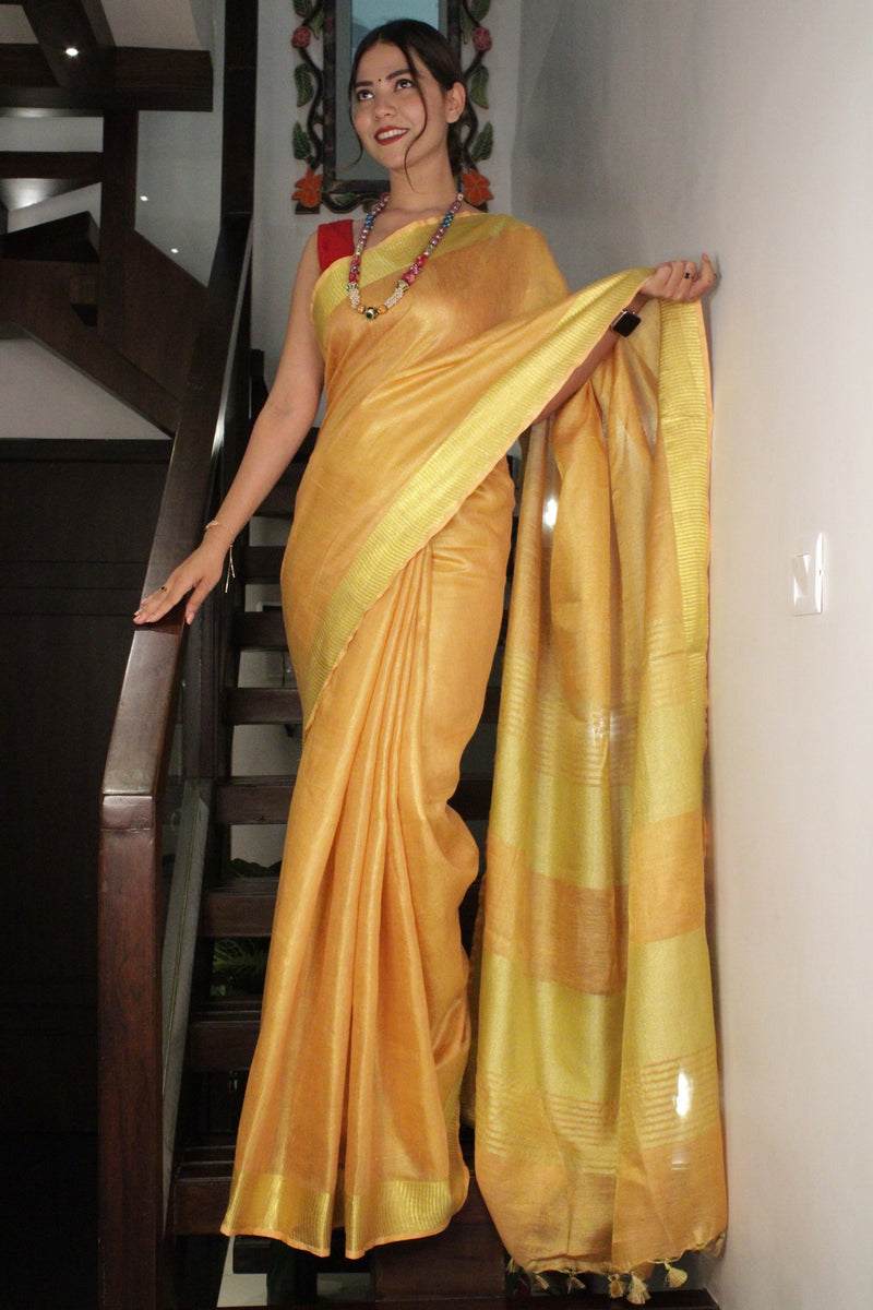 Golden linen slub classy wrap in 1 minute saree - Isadora Life Online Shopping Store