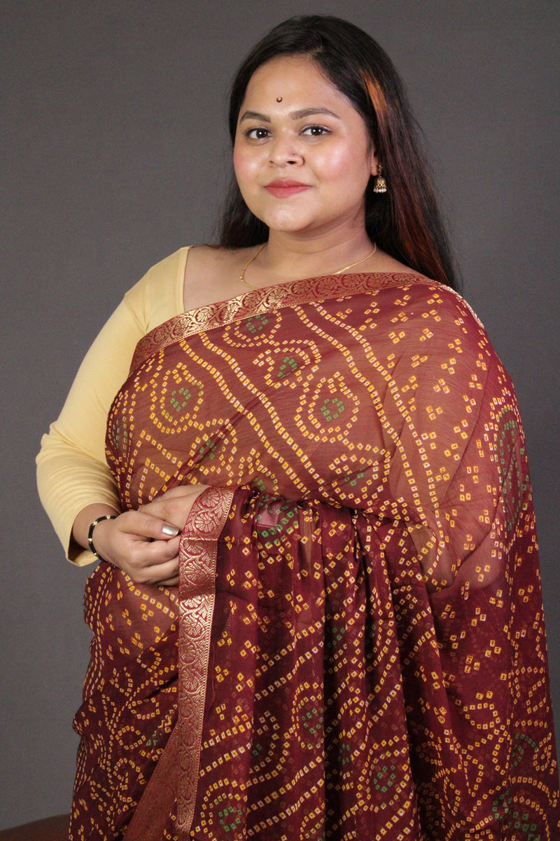 Maroon Bandhani Printed Chiffon  with beautiful Zari border Wrap in 1 minute saree - Isadora Life Online Shopping Store