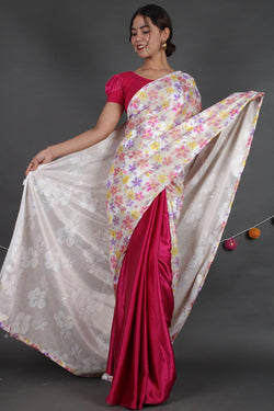 Gorgeous shimmery sequins woven with floral print pallu with satin half and half wrap in 1 minute saree - Isadora Life Online Shopping Store