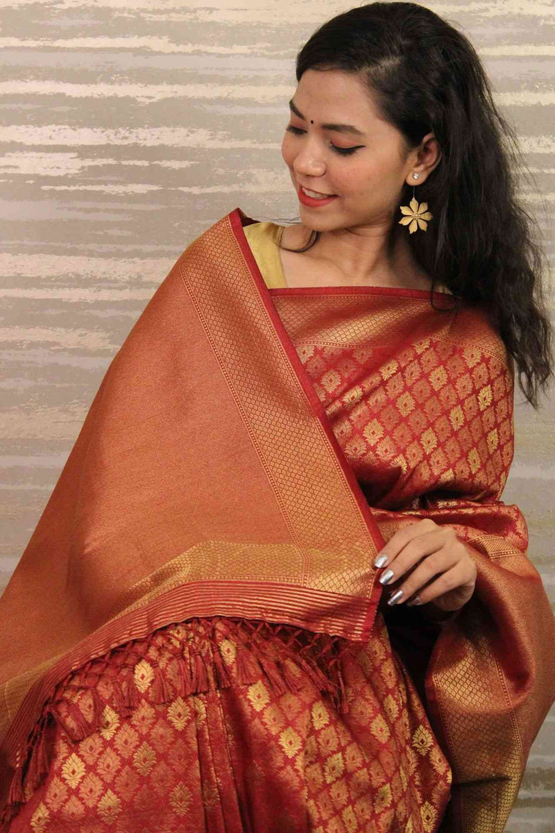 red kanjeevaram woven zari all over wrap in 1 minute saree - Isadora Life Online Shopping Store
