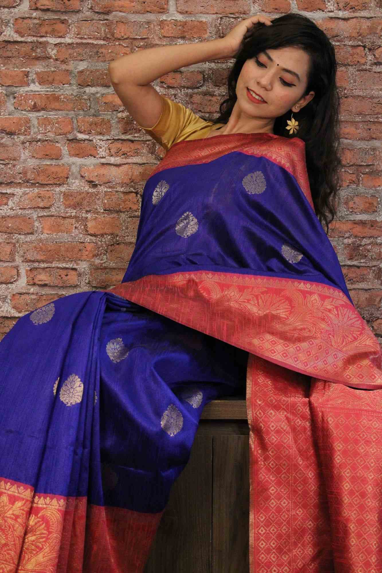 Blue and pink jute cotton with zari woven intricate border & pallu wrap in 1 minute saree - only prepaid - Isadora Life Online Shopping Store