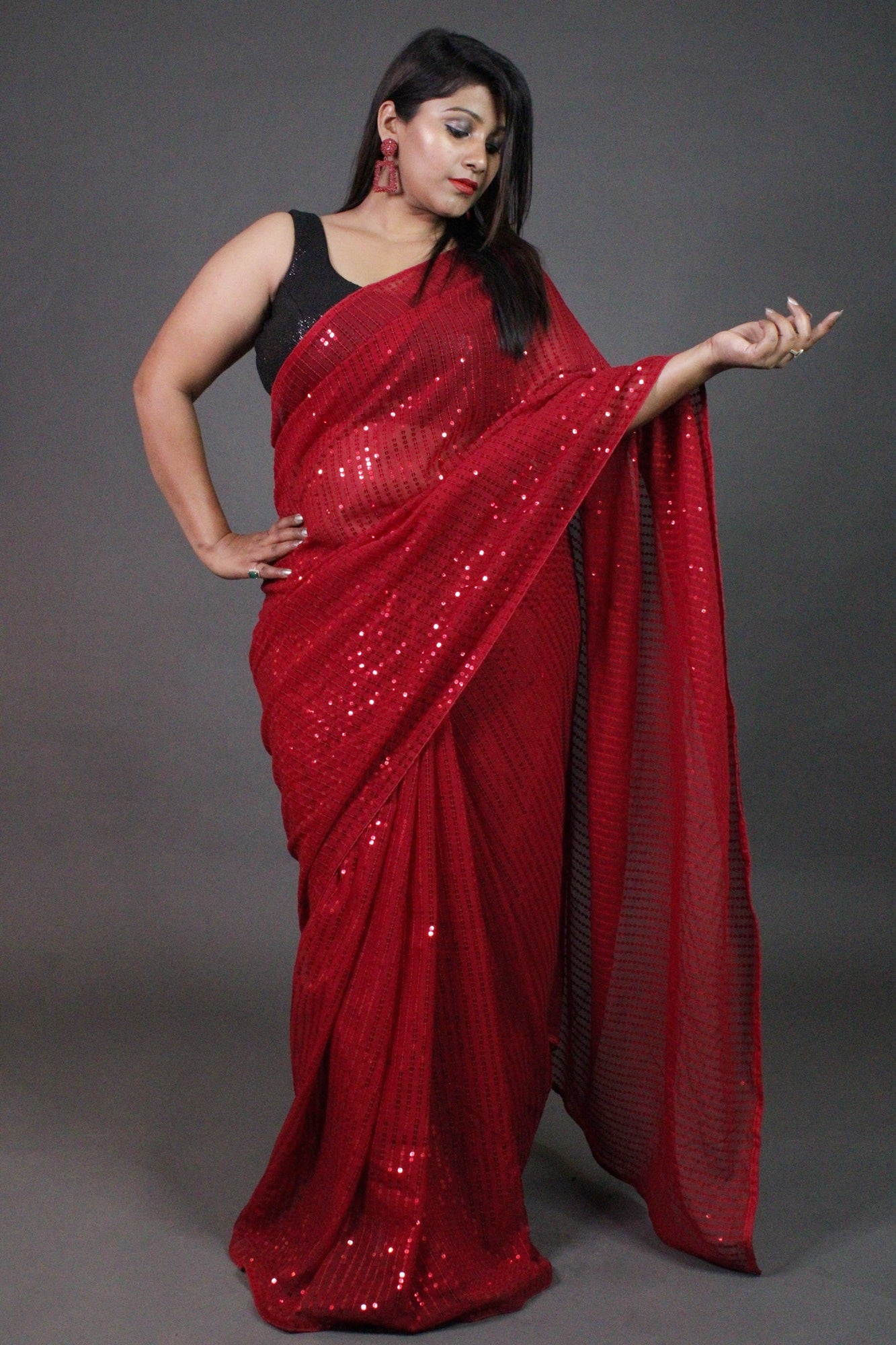 Cherry Burst Saree | Ready-to-Wear Red Sequin Saree – Glamwiz India