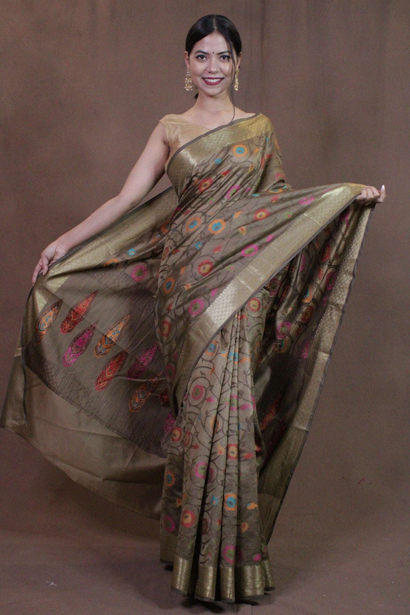 Beautiful cotton silk with jaal banarasi weaving all over and ornate pallu wrap in 1 minute saree - Isadora Life Online Shopping Store