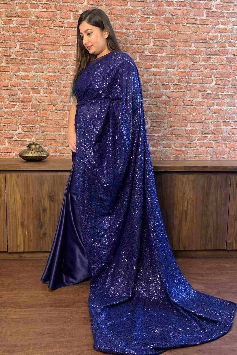 Navy blue sequin and satin wrap in 1 minute saree - Isadora Life Online Shopping Store
