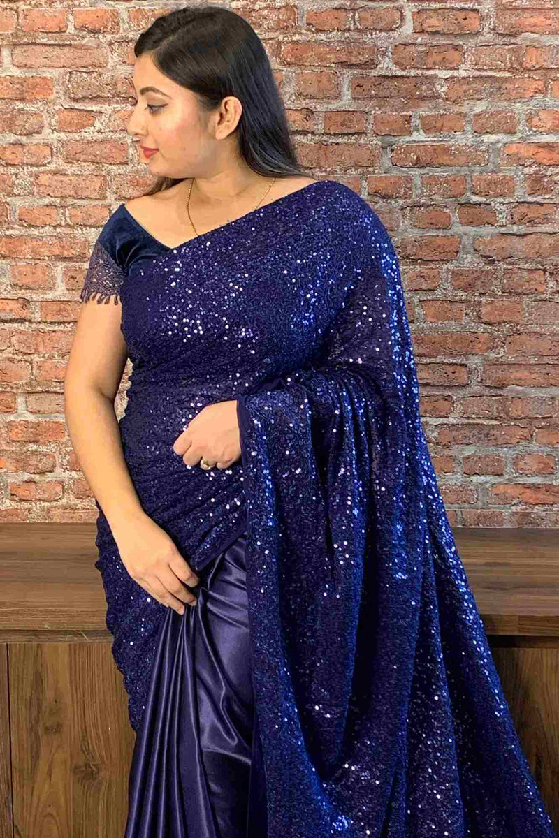 Navy blue sequin and satin wrap in 1 minute saree - Isadora Life Online Shopping Store