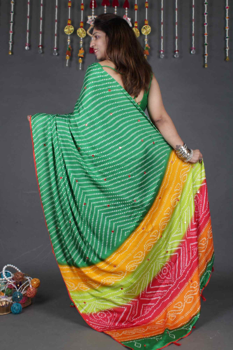 Beautiful Green Bandhej Saree with Multicoloured Pallu  Wrap in 1 minute saree - Isadora Life Online Shopping Store