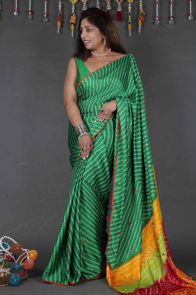 Beautiful Green Bandhej Saree with Multicoloured Pallu  Wrap in 1 minute saree - Isadora Life Online Shopping Store