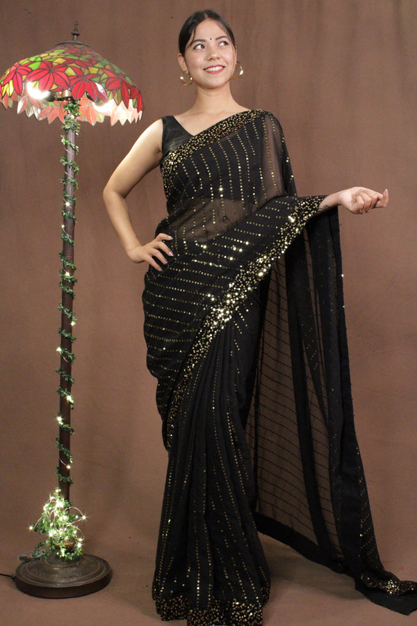 Black Sequined Embroidered Wrap in 1 minute saree - Isadora Life Online Shopping Store