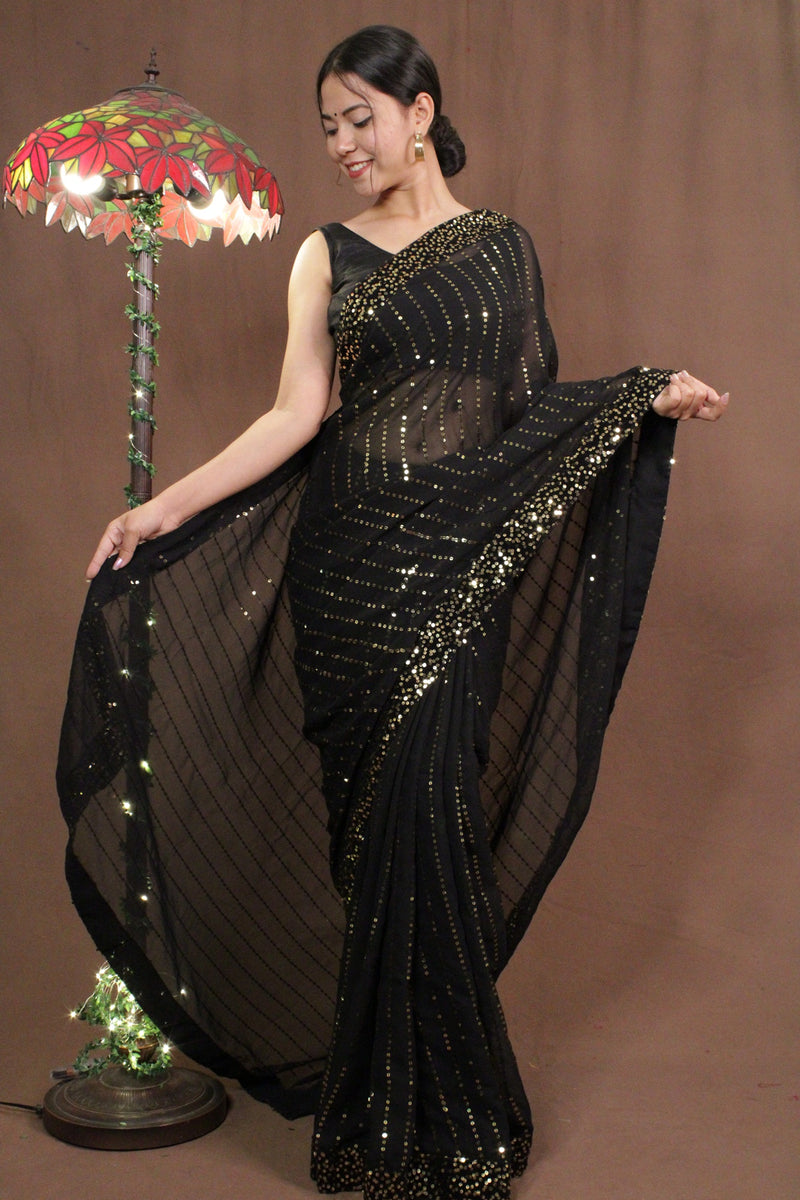 Black Sequined Embroidered Wrap in 1 minute saree - Isadora Life Online Shopping Store