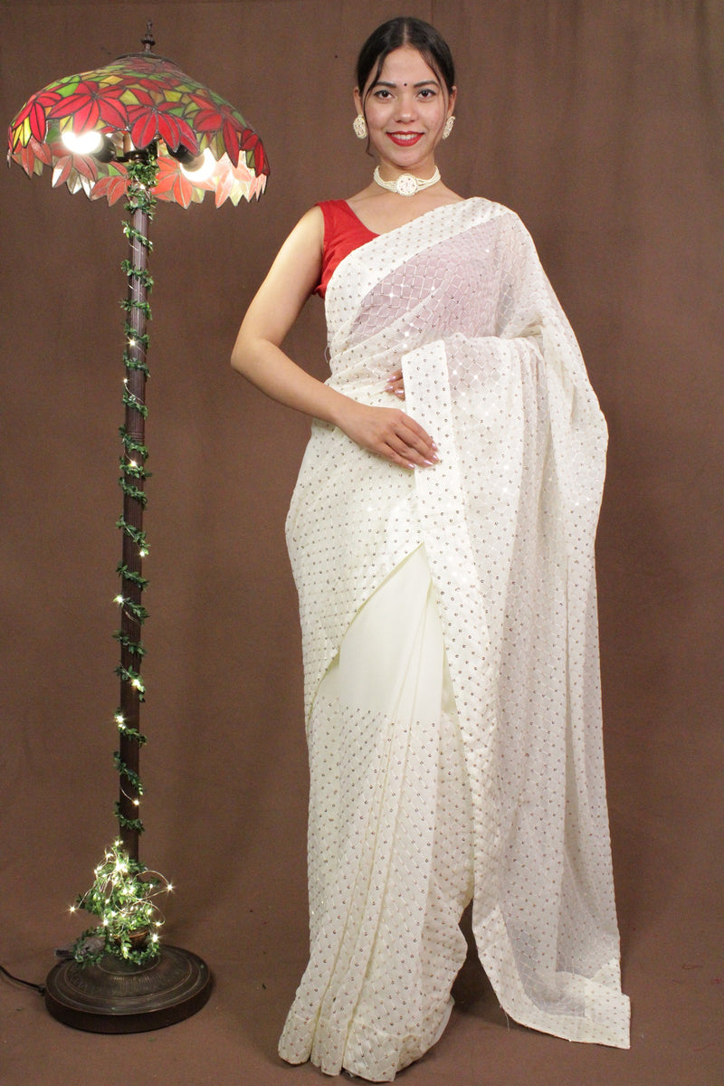 Off-White Sequined Embroidered Wrap in 1 minute saree - Isadora Life Online Shopping Store