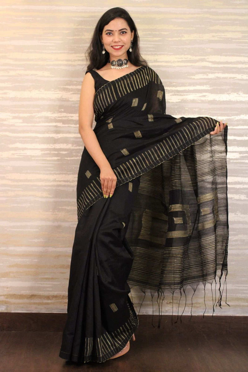 Black cotton silk ghicha wrap in 1 minute saree - Isadora Life Online Shopping Store