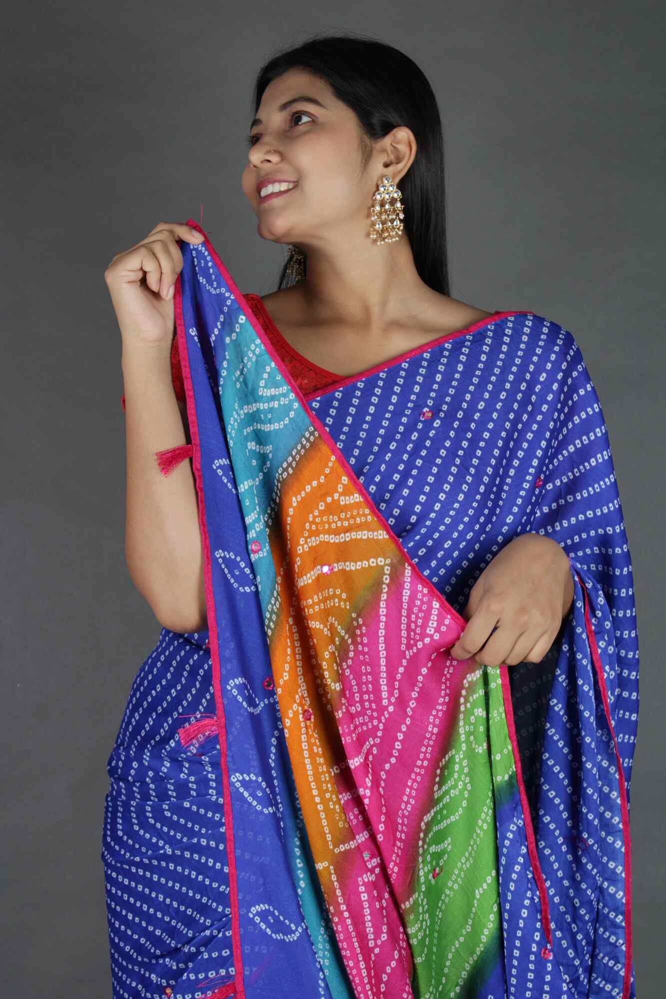 Beautiful Blue Bandhej Saree with Multicoloured Pallu  Wrap in 1 minute saree - Isadora Life Online Shopping Store