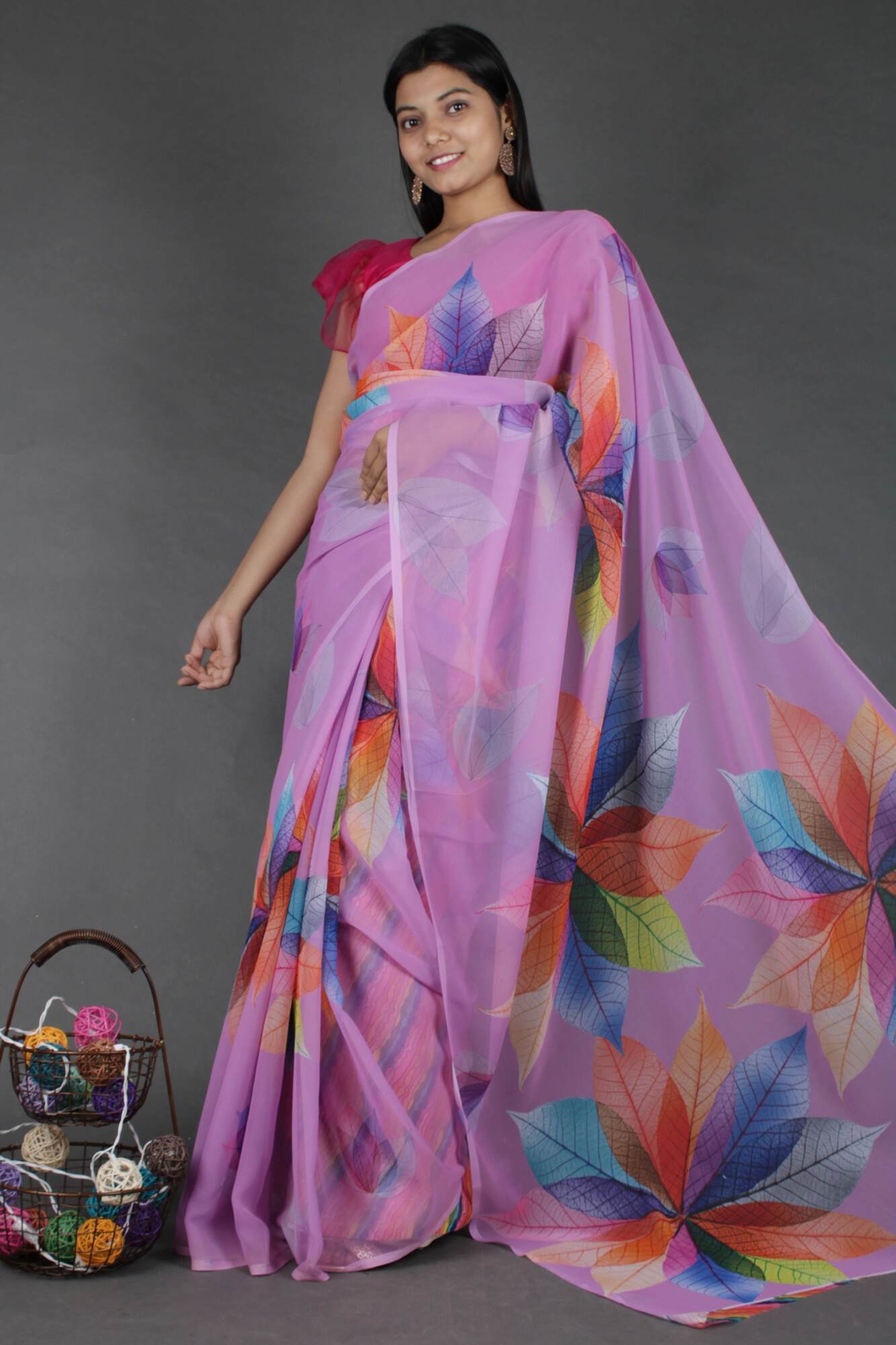 Lavender geometric multicolor flower printed Georgette wrap in 1 minute saree - Isadora Life Online Shopping Store
