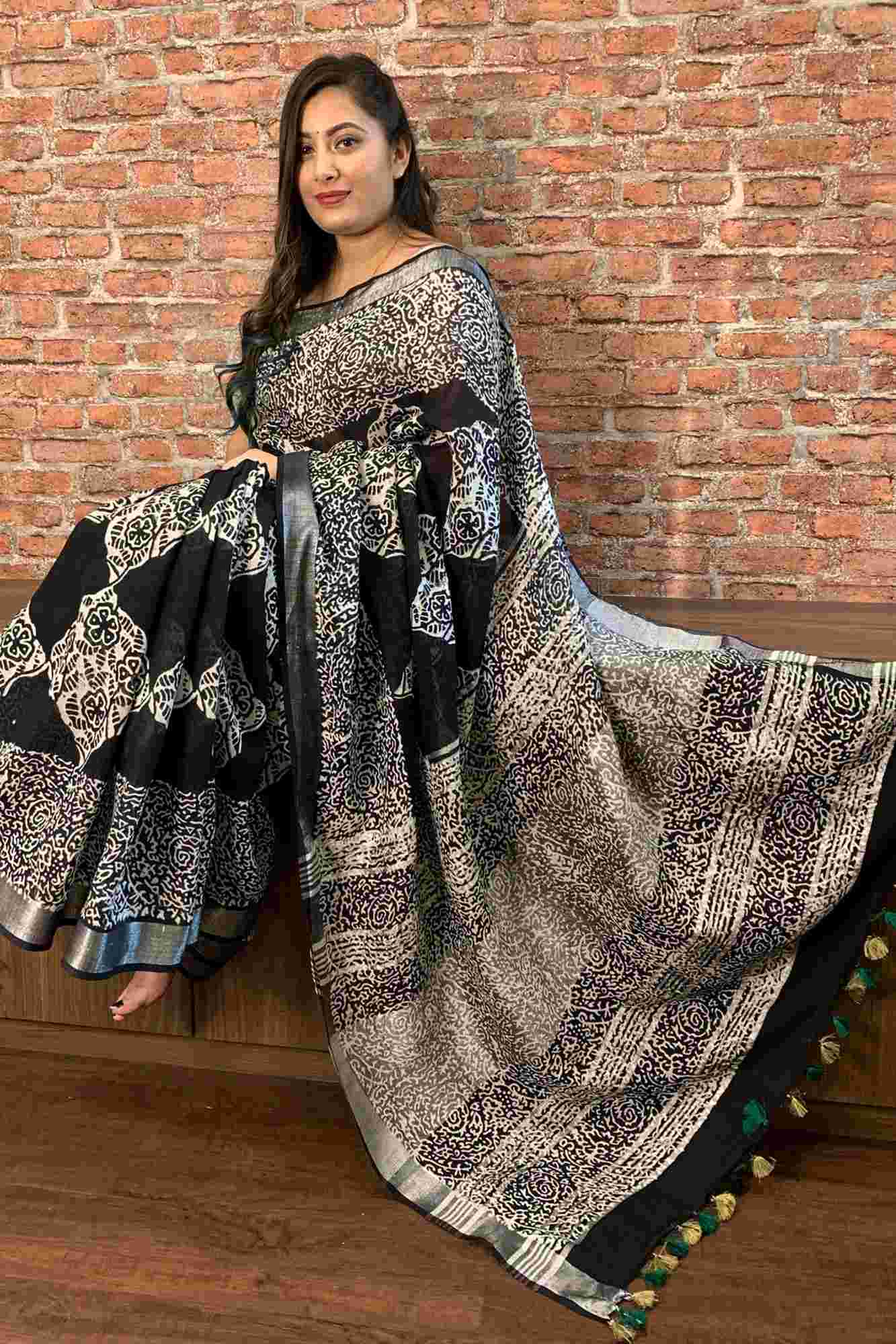 Black and white jaipuri print cotton linen zari border with tassels in pallu wrap in 1 minute saree - Isadora Life Online Shopping Store