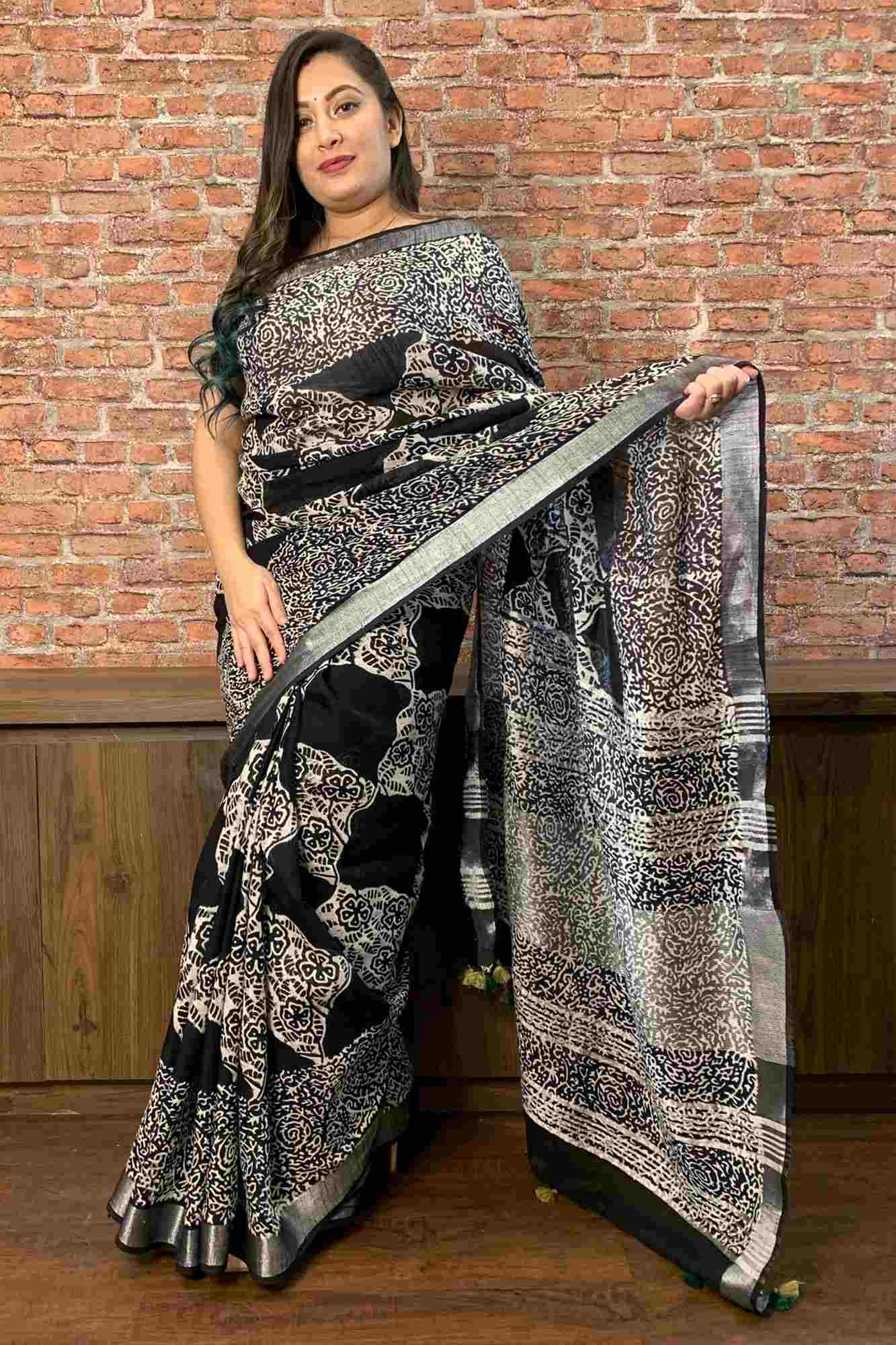 Black and white jaipuri print cotton linen zari border with tassels in pallu wrap in 1 minute saree - Isadora Life Online Shopping Store