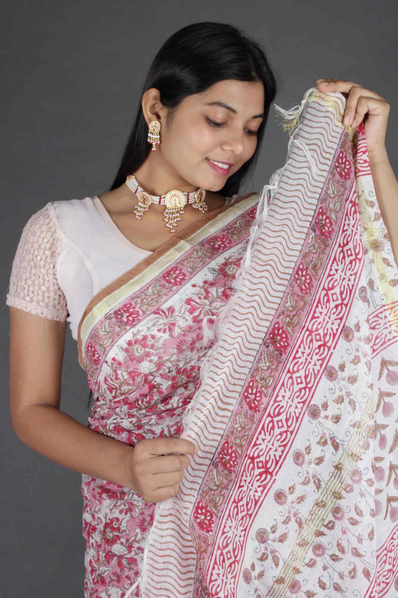 PINK & WHITE SOFT CHANDERI COTTON FLORAL PRINTED WRAP IN 1 MINUTE SAREE - Isadora Life Online Shopping Store