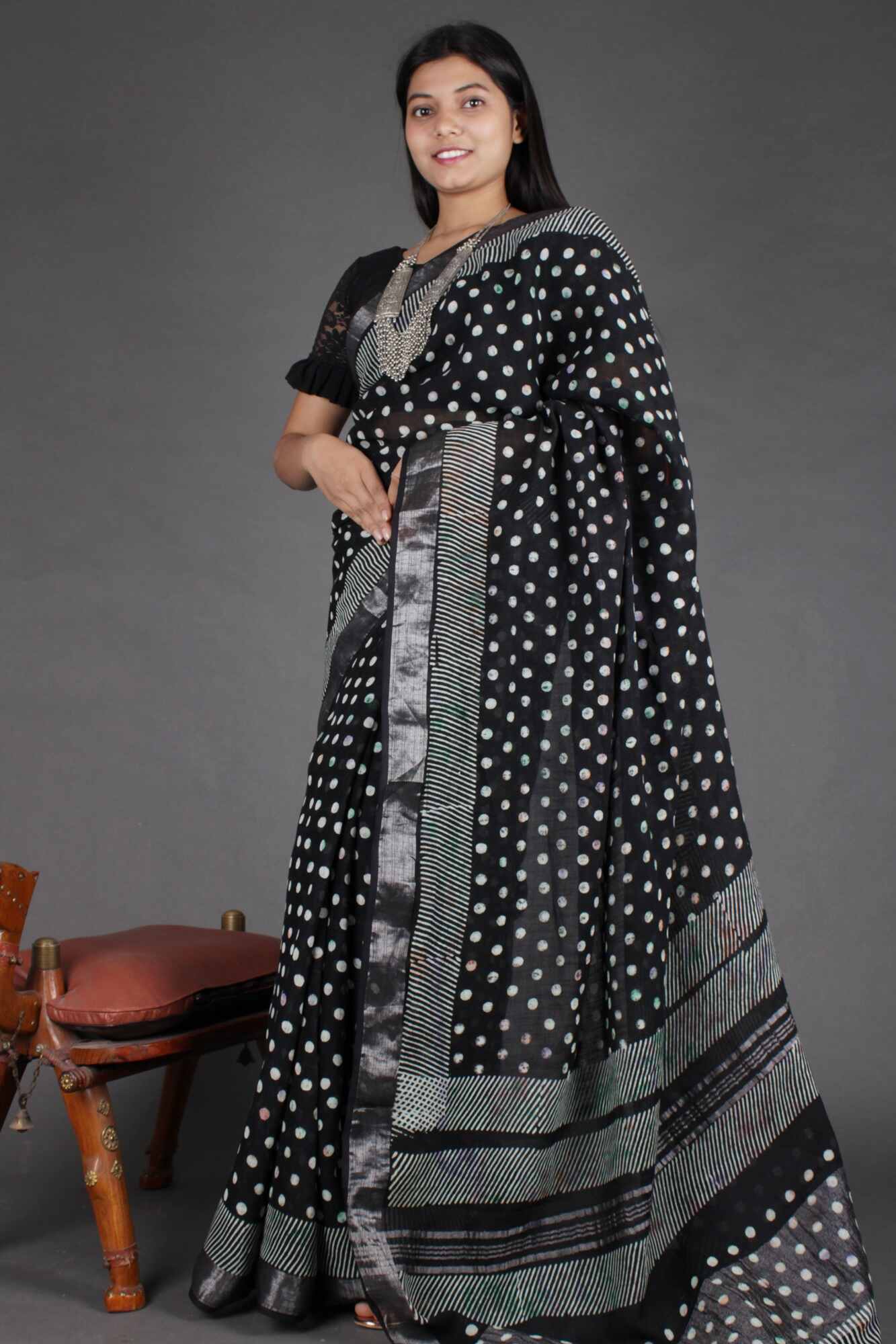 BLACK AND WHITE SOFT LINEN HANDBLOCK POLKA DOTS PRINTED WRAP IN 1 MINUTE SAREE - Isadora Life Online Shopping Store