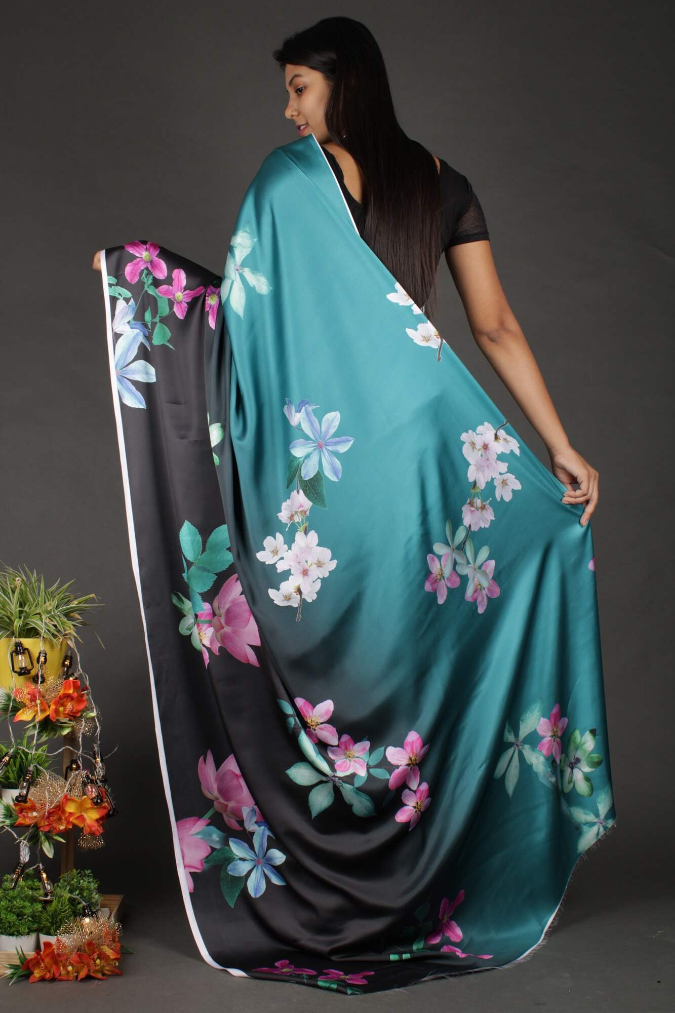 Beautiful Floral Print  Crepe Satin Wrap in 1 Minute Saree - Isadora Life Online Shopping Store