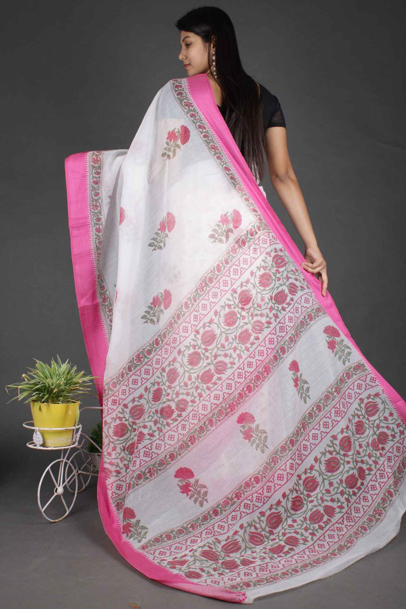 PINK & WHITE FLORAL PATOLA BORDER COTTON WRAP IN 1 MINUTE SAREE - Isadora Life Online Shopping Store