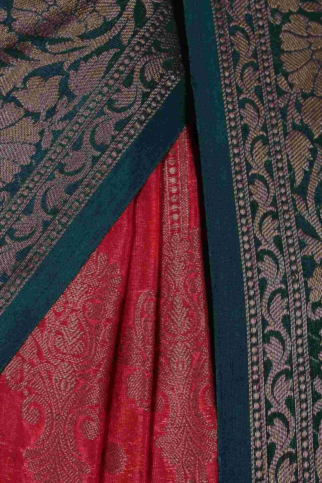 Red & Green Dybal Warm Flower Square Work With Meenakari Weaving Wrap in 1 minute saree - Isadora Life Online Shopping Store