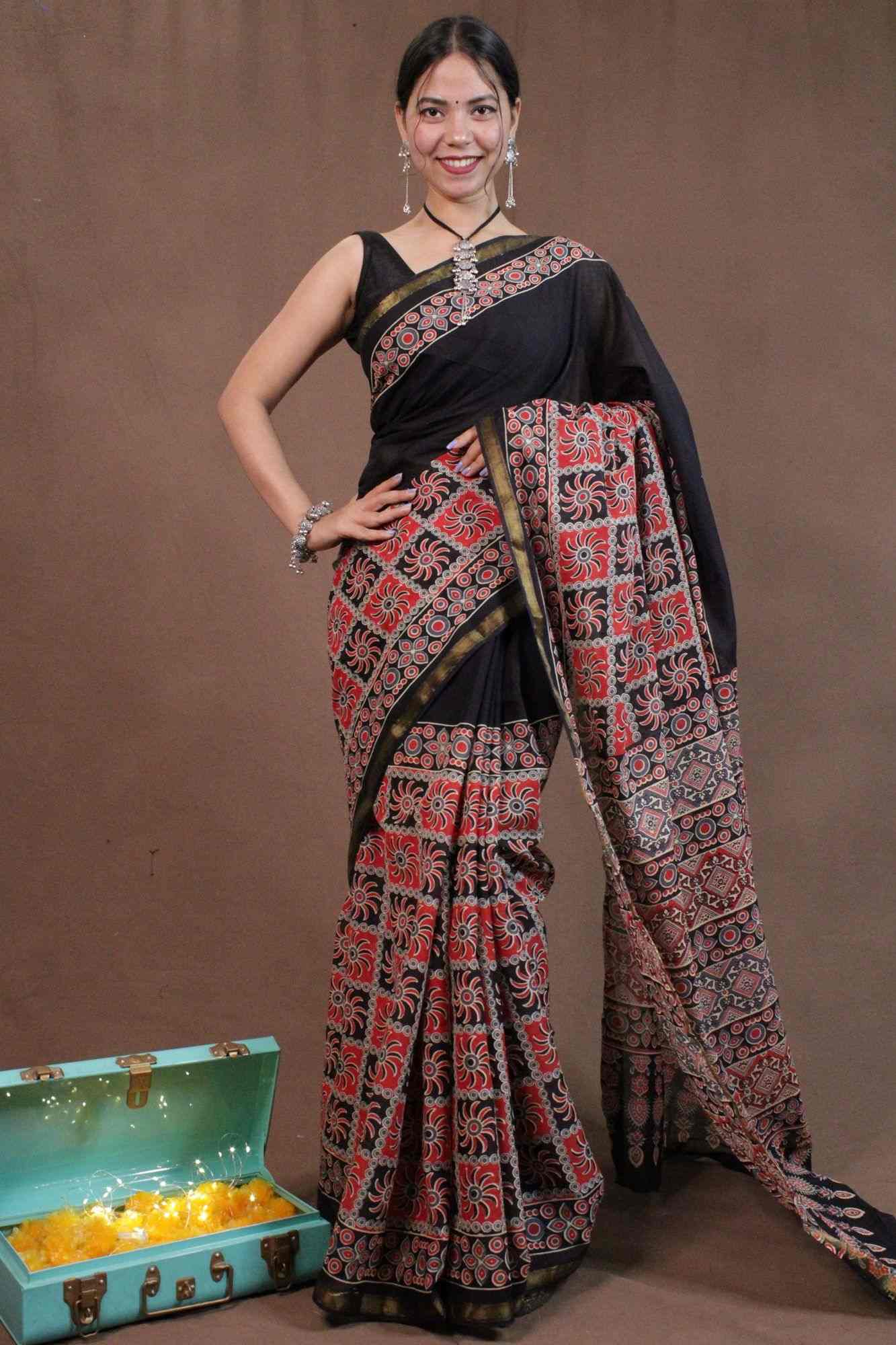 KalamkariBlack Printed Handloom Pure Cotton  Wrap in 1 minute saree - Isadora Life Online Shopping Store
