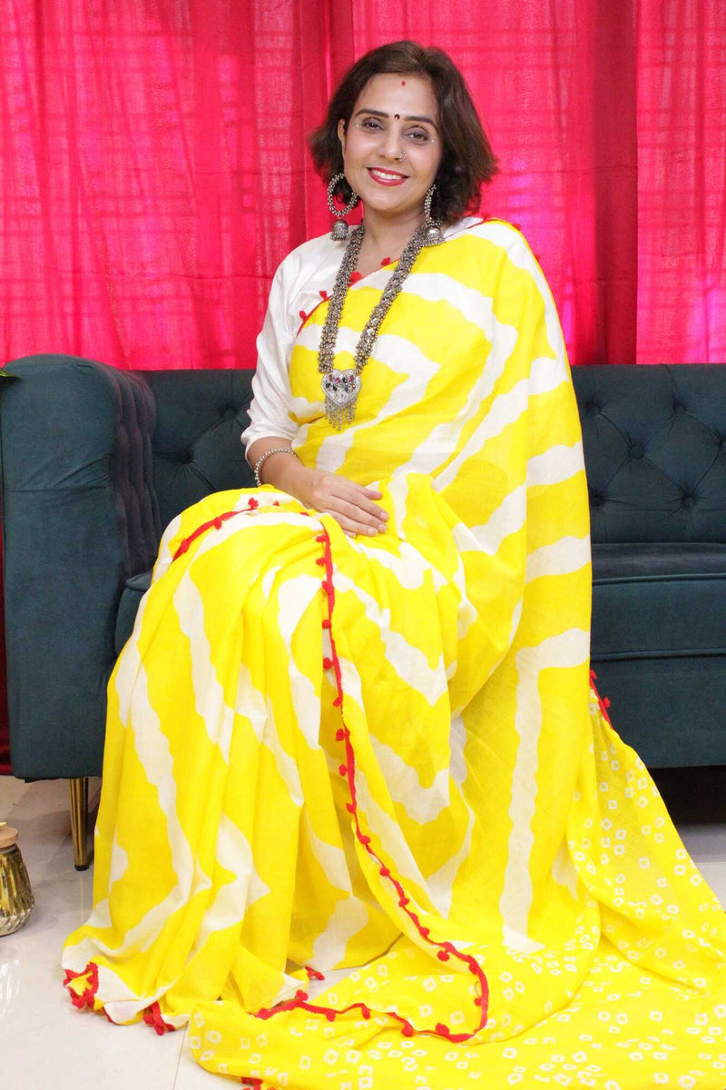 YELLOW AND WHITE COTTON MUL MUL PRINTED SAREE WITH POMPOM - Isadora Life Online Shopping Store