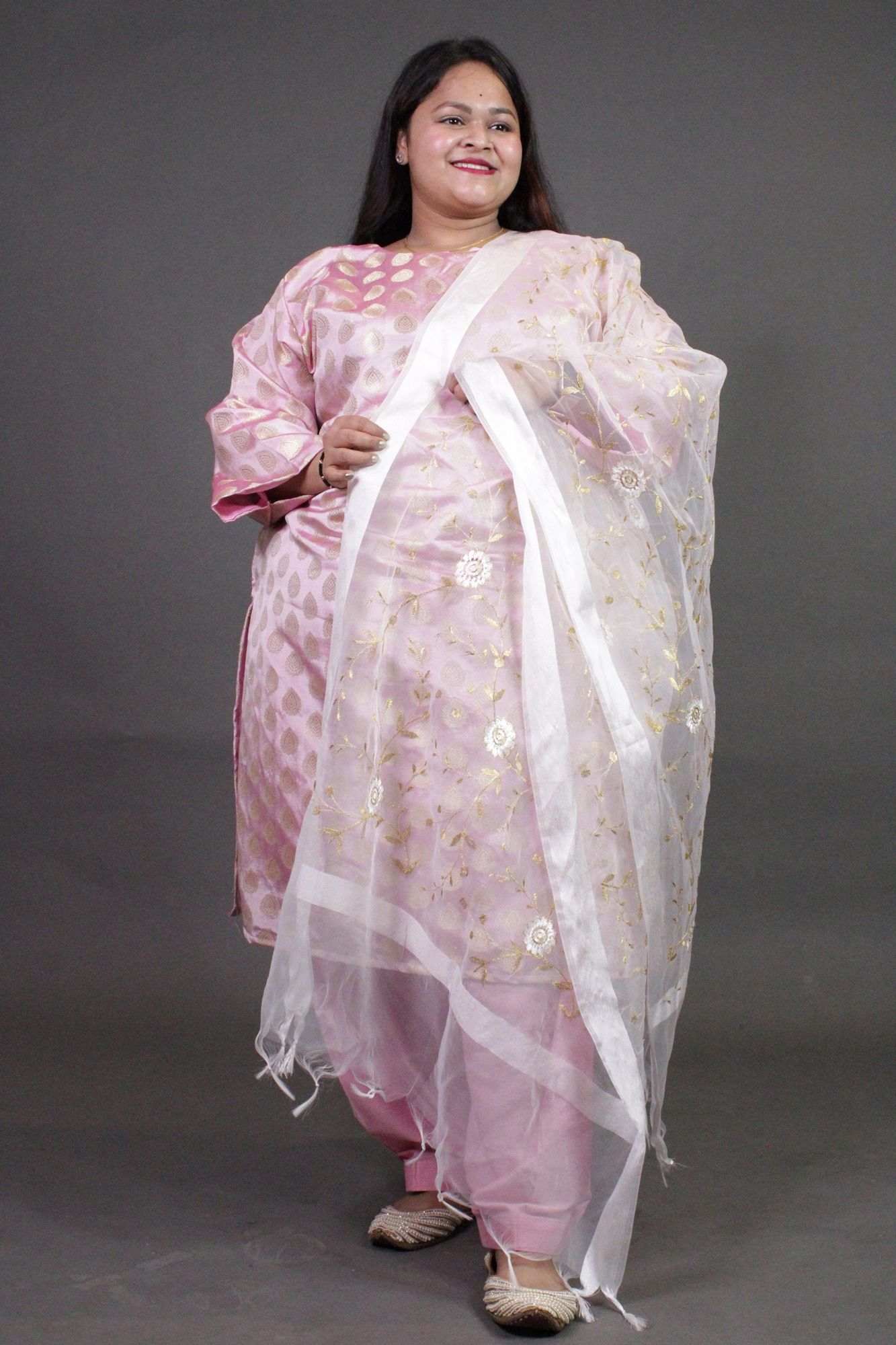 Baby Pink Brocade Ready to wear Salwar-Kameez with White Organza Embroidered Dupatta - Isadora Life Online Shopping Store