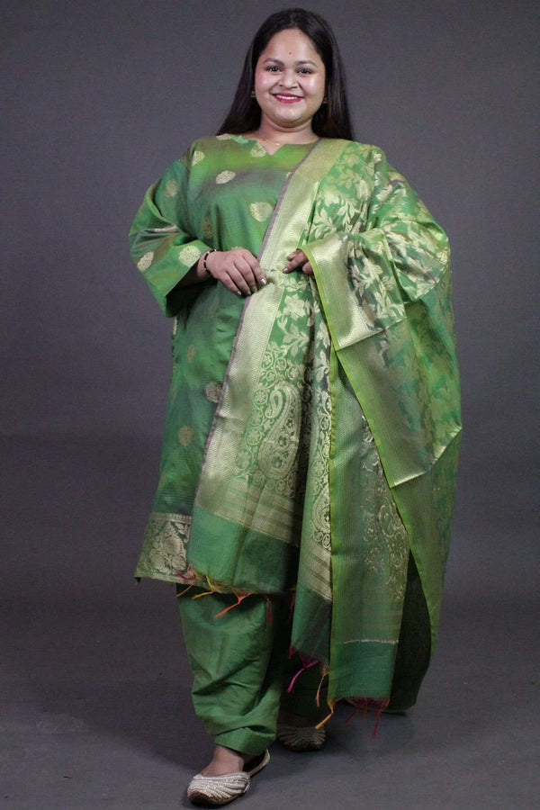 Green Zari Woven Buti Chanderi Cotton ready to wear Salwar Kameez with Dupatta - Isadora Life Online Shopping Store