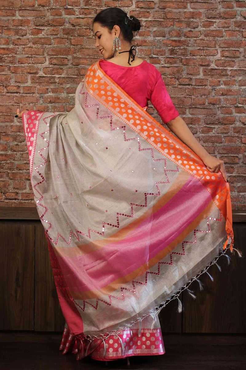 Gorgeous banarasi tissue with mirror work and tassels in pallu wrap in 1 minute saree - Isadora Life Online Shopping Store