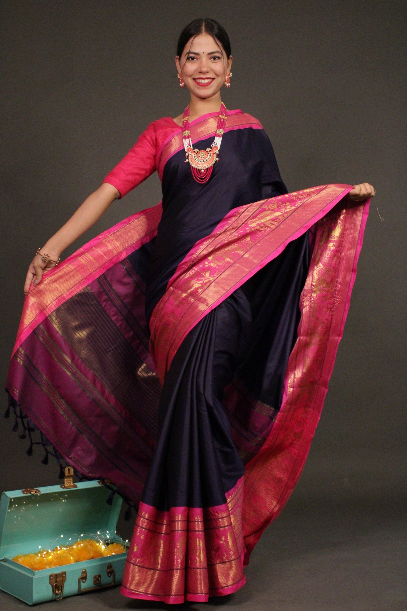 Royal Blue-Pink Banarasi Silk Wrap in 1 minute saree - Isadora Life Online Shopping Store