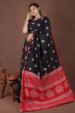 BLACK AND RED COTTON MUL MUL PRINTED SAREE WITH POMPOM - Isadora Life Online Shopping Store