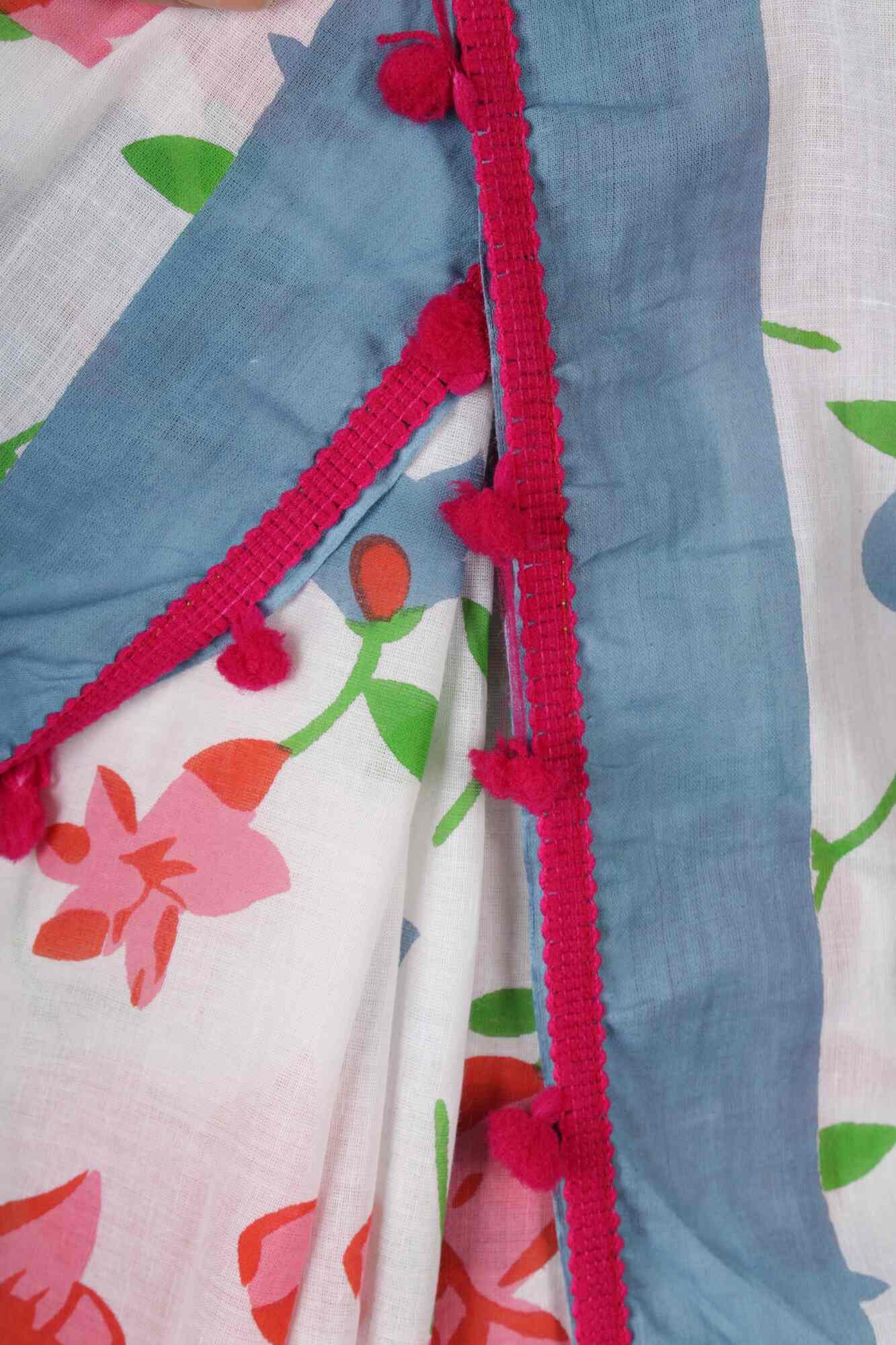 BLUE & PINK COTTON MUL MUL PRINTED WRAP IN 1 MINUTE SAREE WITH POMPOM - Isadora Life Online Shopping Store