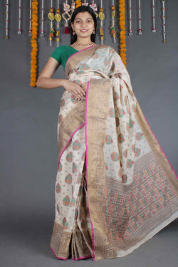 Beige Resham Zari Woven Cotton silk Wrap in 1 minute saree - Isadora Life Online Shopping Store