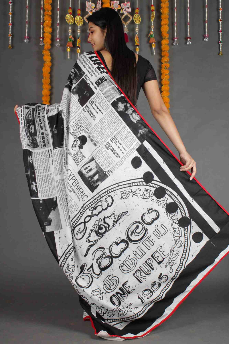 Newspaper Printed mul mul cotton with Red Pompom Border Wrap in 1 minute saree - Isadora Life Online Shopping Store