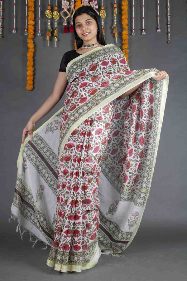 GREEN & WHITE SOFT LINEN HANDBLOCK PRINTED WRAP IN 1 MINUTE SAREE - Isadora Life Online Shopping Store