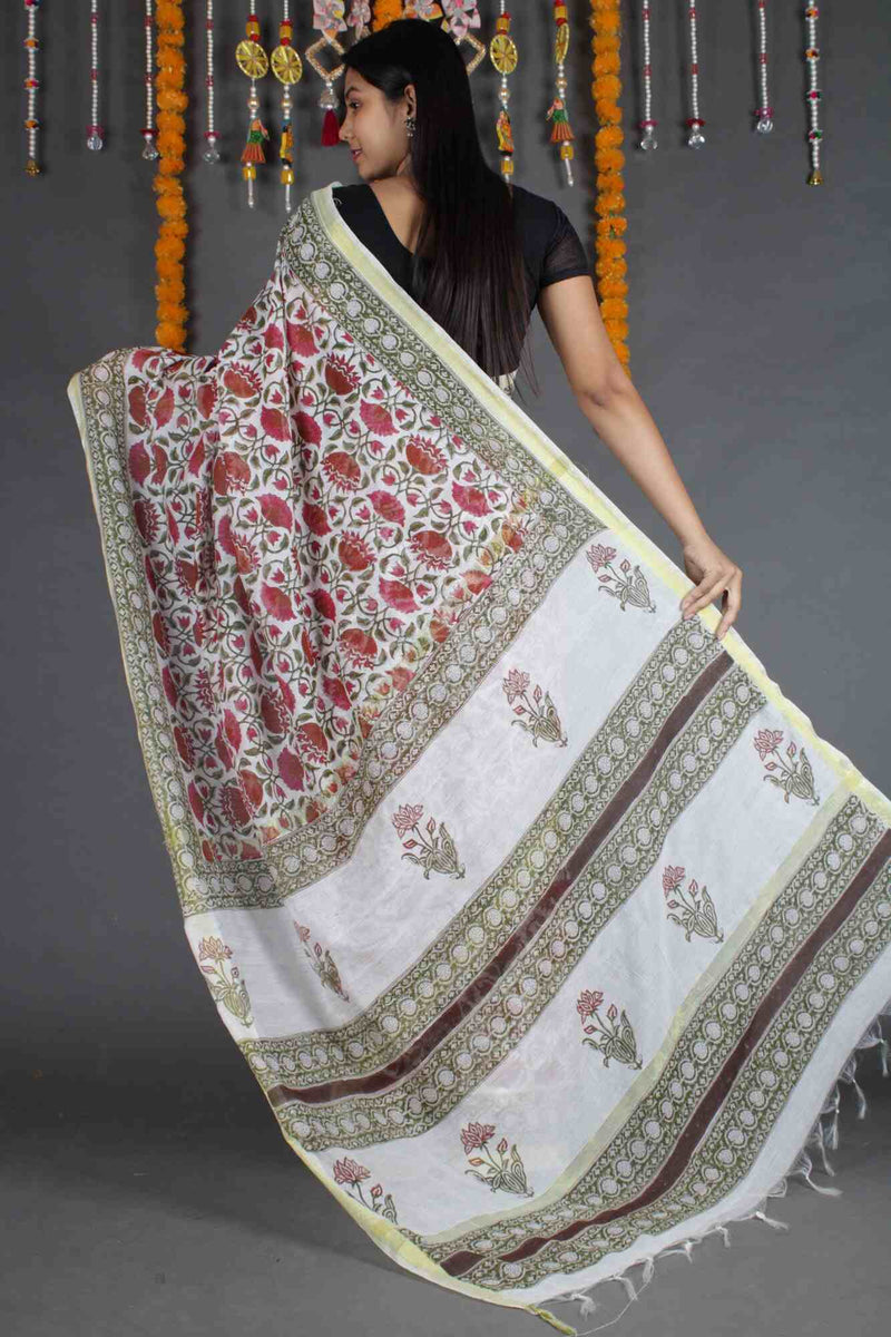 GREEN & WHITE SOFT LINEN HANDBLOCK PRINTED WRAP IN 1 MINUTE SAREE - Isadora Life Online Shopping Store