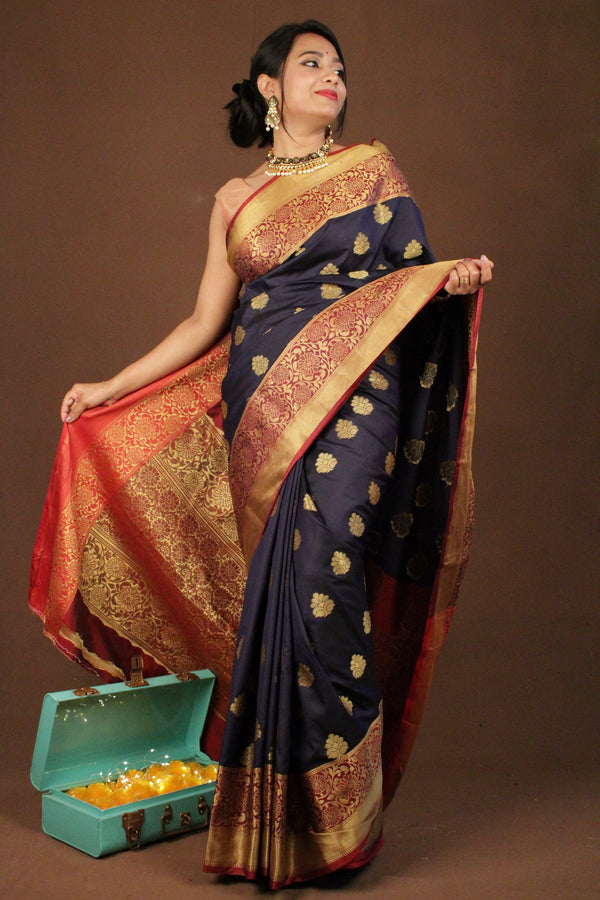 Navy Blue Cotton Silk Zari Woven Wrap in 1 minute saree - Isadora Life Online Shopping Store