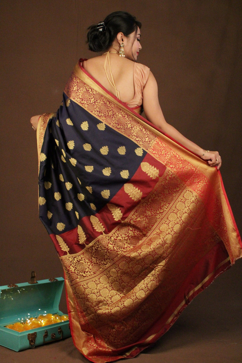 Navy Blue Cotton Silk Zari Woven Wrap in 1 minute saree - Isadora Life Online Shopping Store