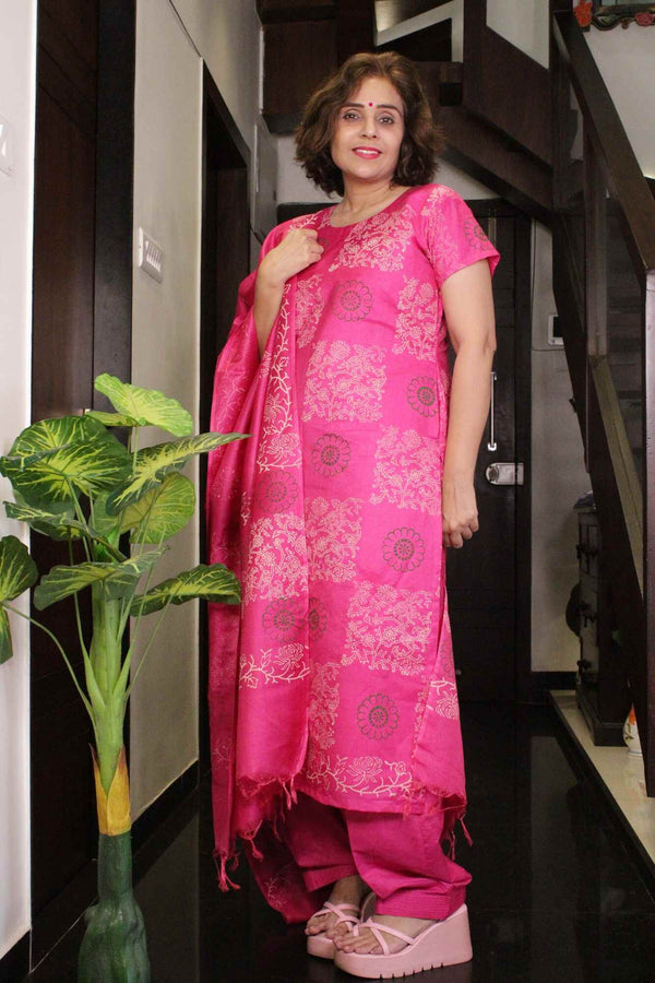 Pink-Beige Cotton Silk with Batik Print Ready to wear Salwar-Kameez with Printed Dupatta - Isadora Life Online Shopping Store