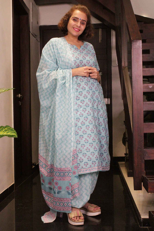 Sky Blue Hand Block Printed Ready to wear Salwar-Kameez with Dupatta - Isadora Life Online Shopping Store