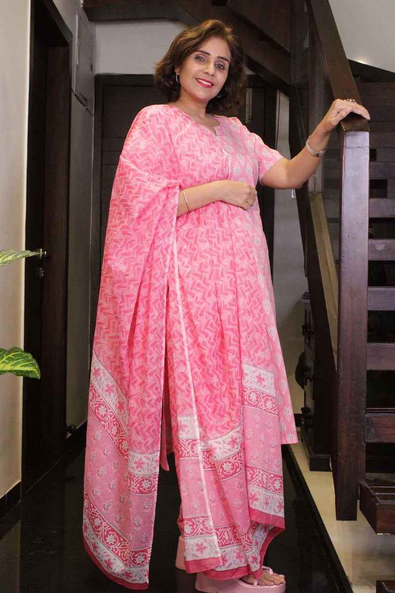Pink-White Hand Block Printed Ready to wear Salwar-Kameez with Dupatta - Isadora Life Online Shopping Store