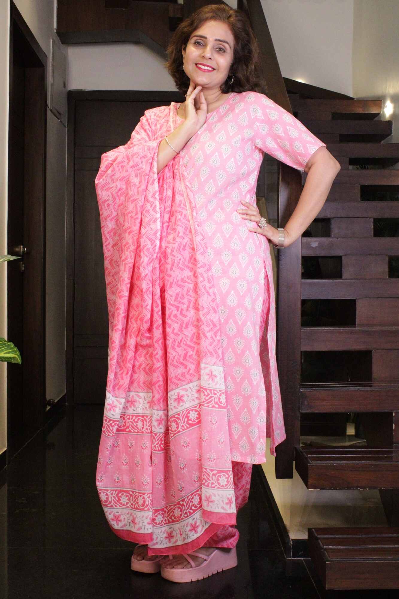 Pink-White Hand Block Printed Ready to wear Salwar-Kameez with Dupatta - Isadora Life Online Shopping Store