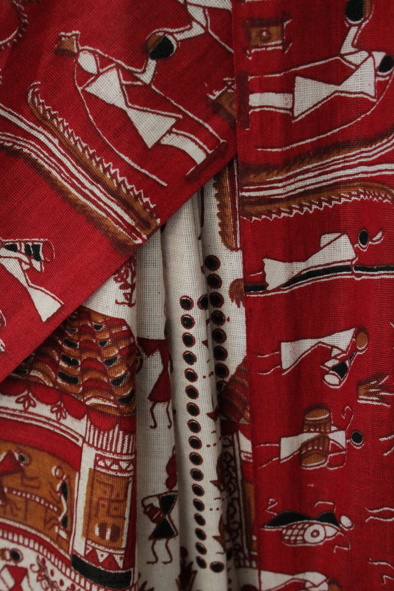 Red Traditional Bengal Soft Kalamkari Printed Handloom Cotton Wrap in 1 minute saree - Isadora Life Online Shopping Store