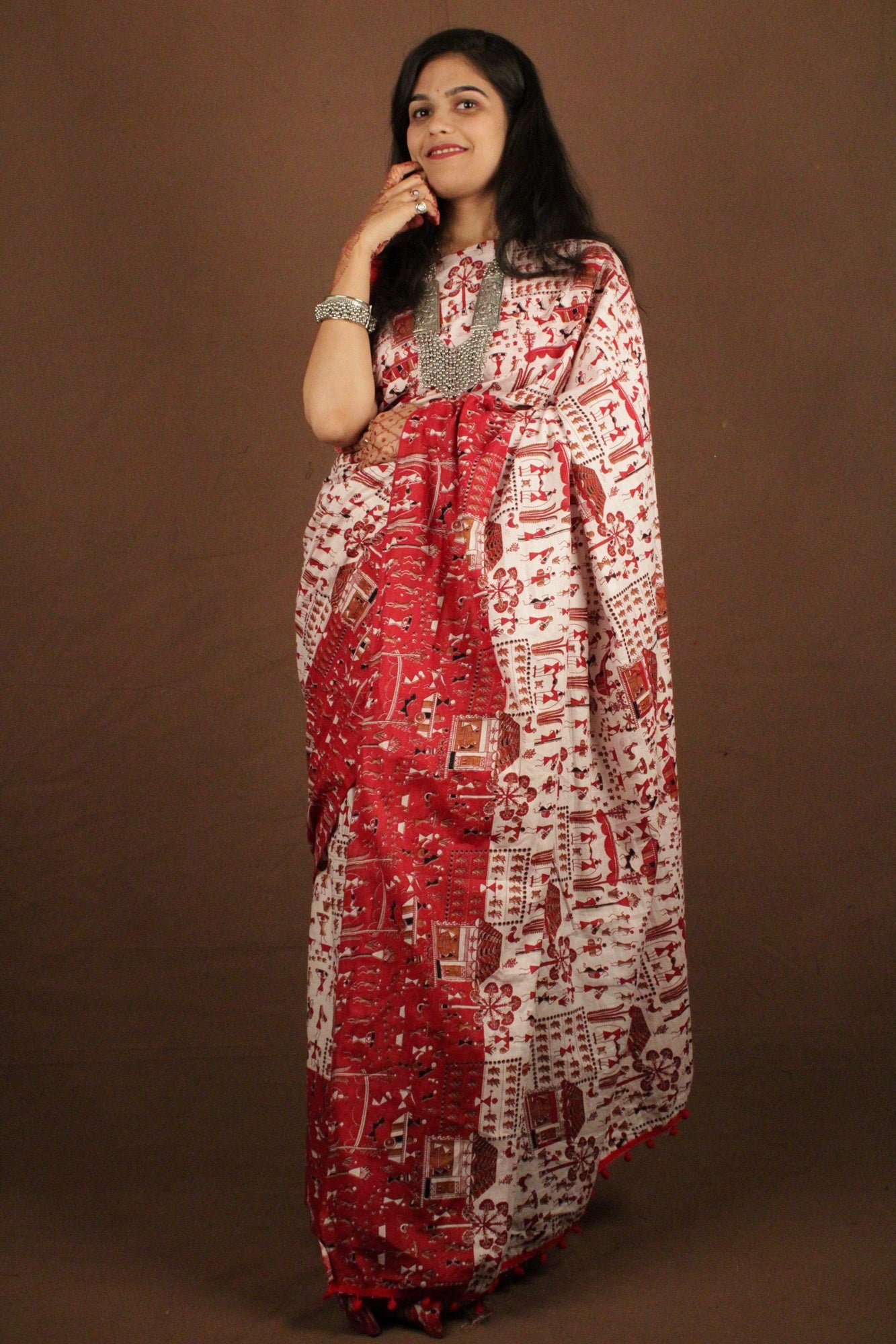 Red Traditional Bengal Soft Kalamkari Printed Handloom Cotton Wrap in 1 minute saree - Isadora Life Online Shopping Store