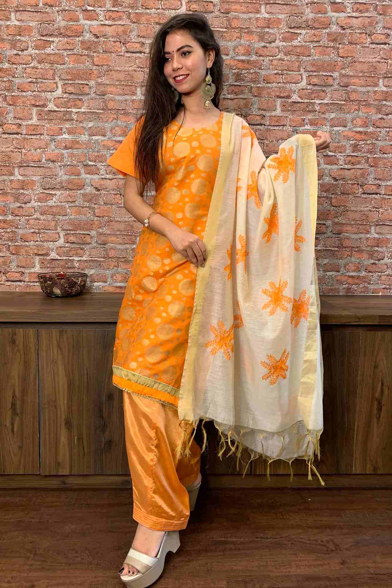 Golden yellow banarasi pattern semi-festive readymade salwar suit - Isadora Life Online Shopping Store