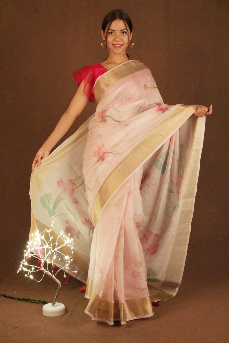 Floral Hand Painted Organza Silk with zari border Wrap in 1 minute saree - Isadora Life Online Shopping Store