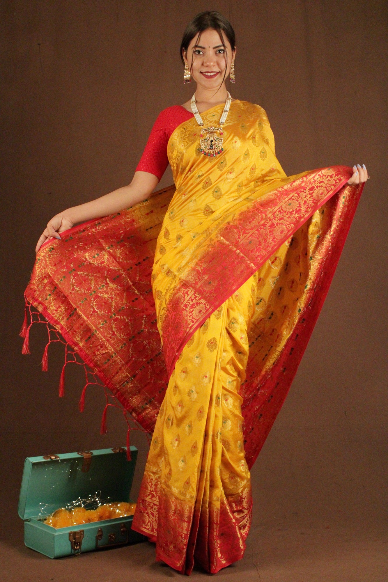 Yellow-Red Kanjivaram woven zari Wrap in 1 minute saree - Isadora Life Online Shopping Store