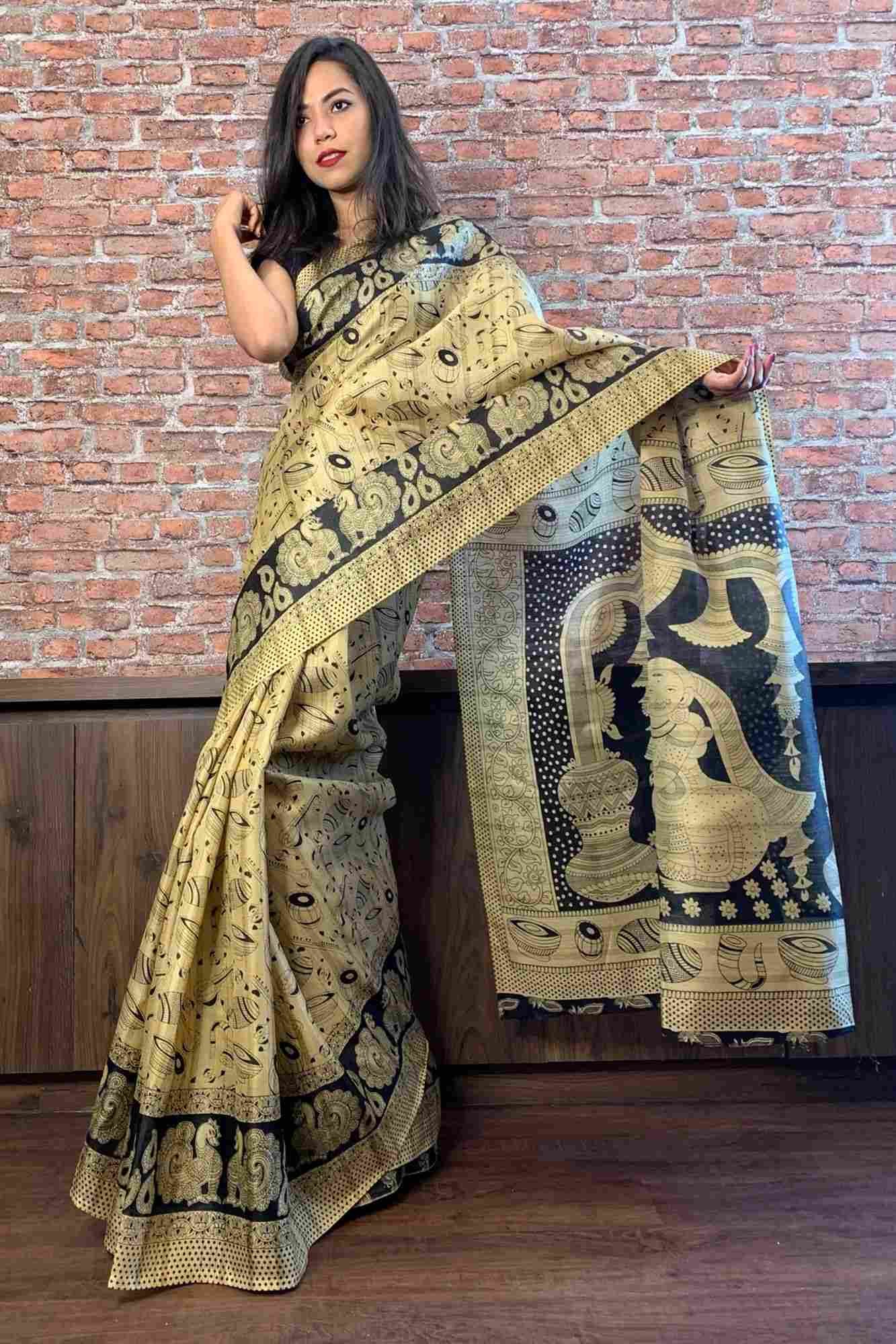 Beige and black art silk wrap in 1 minute saree - Isadora Life Online Shopping Store
